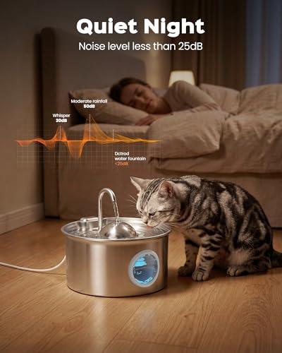 Pet Water Fountain Stainless Steel: 8 Filters + 8 Sponges Cat Fountains for Drinking - Metal Pet Fountain - Running PetFountain Filtered - DCTROD 88oz/2.6L Faucet Pet Bowl Dispenser Fountains