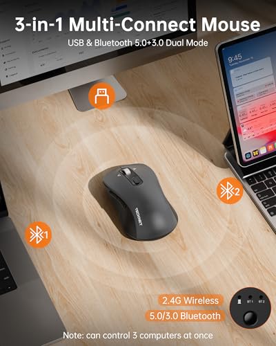 TECKNET Wireless Bluetooth Mouse, [USB + BT1 + BT2] Silent Click,4-Way Scroll Wheel Wireless Mouse for Laptop, Full-Size, 4800 DPI Computer Mice, Dual Mode for Laptop, PC, iPad, MacBook - Grey