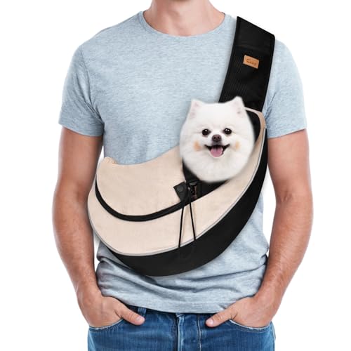 Pet Sling Carrier for Small Dogs Cats,Drawstring & Zipper Security Hook Triple Design for Pets' Securty Dog Bag,Breathable Travel Puppy Sling Carrier with Adjustable Strap(Beige,L(10-14 lbs)) - color: Black Beige, size: L (10-14 lbs)