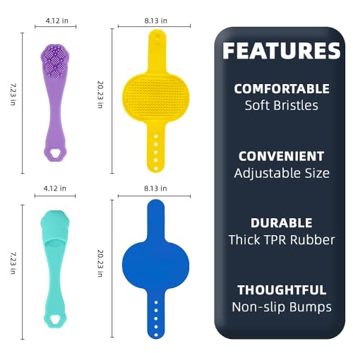 4PCS Dog Bath Brush | Scrubber for Bath | Shampoo Brush | Toothbrush | Finger Toothbrush | Dog Shower/Washing Brush with Adjustable Ring Handle - Pet Bath Supplies (Blue Yellow) - color: Blue Yellow