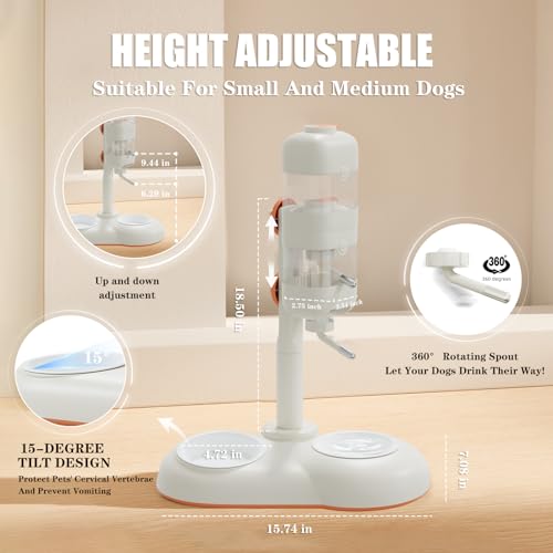 Pet Bowls with Weaning Bottles,3 in 1 Height Adjustable Water Dispenser for Dogs,15°Tilted Food Bowls for Small Dogs,Puppy Feeding,Pet Food Bowls for Cats,Rabbits,Ferrets - color: White