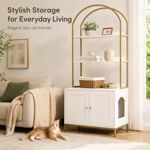 Homhedy Cat Litter Box Enclosure with 2-Tier Shelves, White and Gold | Litter Box Furniture Hidden, Indoor Cat House, Wooden Cat Washroom Furniture with Metal Frame, Modern Style - color: White and Gold