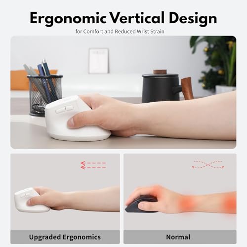 Uineer Ergonomic Vertical Mouse, 2.4G Wireless Mouse, Rechargeable, 4-DPI | Right-handed vertical design with 2.4G USB-A connection, rechargeable battery and visible battery level. - color: White