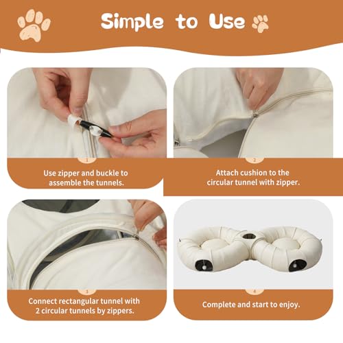 Pawaboo 2-in-1 Cat Tunnel Bed, 8-Shaped Cat Tunnels, Beige | Foldable Cats Cave Hideout Kitty Toys with Fluffy Balls, Donut Tunnel for Kitten Rabbit Ferret - color: Beige, size: 68.9 x 31.5 x 11.8in
