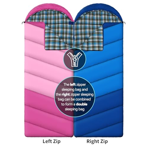 Cotton Flannel Lined Sleeping Bag for Adults Teens Kids, Cold Weather & Warm, 3 Seasons, Lightweight Compact Camping Essentials Equipment, Hiking, Outdoor, Travel - color: Deep Pink & Light Pink