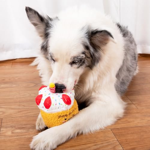 DODODOLA Stuffed Dog Toys Durable Plush Dog Toy with Crinkle Paper Cute Elephant Squeaky Dog Toys Dog Chew Toys for Medium Large Breed (Yellow Birthday Cake) - color: Yellow Birthday Cake