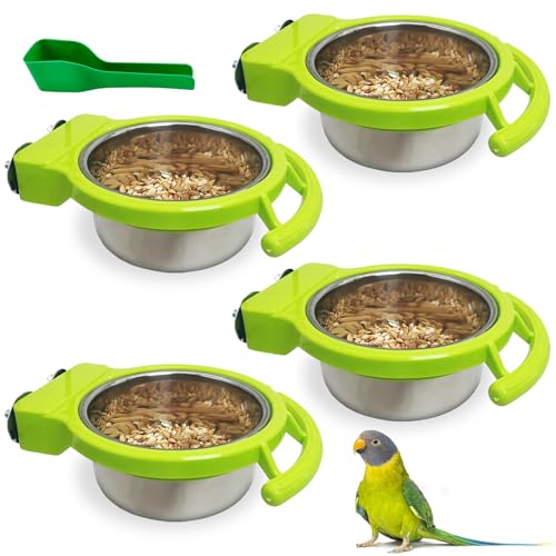 BNOSDM Hanging Stainless Steel Bird Bowls 4 PCS Bird Feeding Dish Cups with Perch Stand Birds Food Container Food and Water Bowls with Spoon for Budgie Cockatoo Finch Lovebirds Pigeons (Green) - color: 4 Pcs Green