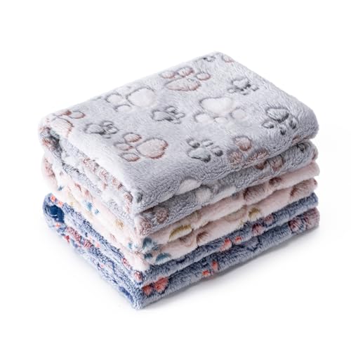 1 Pack 3 Blankets for Dog Puppy Cat (Small 23x16'', Beige, Grey, Navy) | Super Soft Fluffy Premium Fleece Pet Blanket Flannel Paw Printed Throw - color: Beige, Grey, Navy, size: 23x16 inch(Pack of 3)