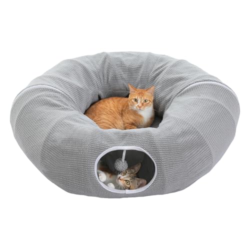 PEQULTI Cat Donut Tunnel with Bed for Indoor Cats, Cat Play Tunnel with Washable Soft Plush Mat, Round Tube Toys Cute Tube for Kittens, Puppies, Rabbits and Ferrets, Grey - color: New Gray