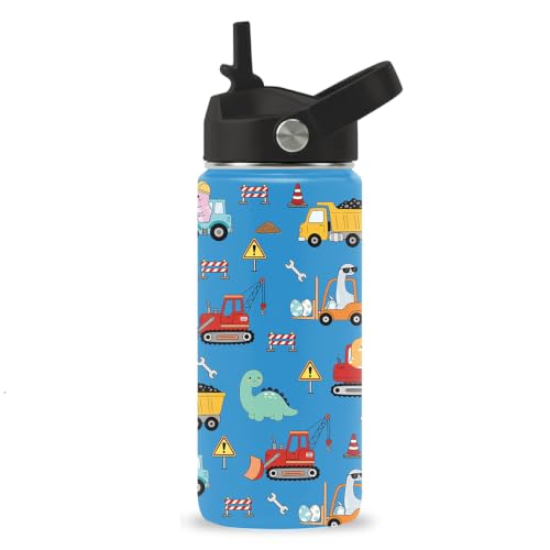 Dinosaur & Construction Vehicle 16 oz Water Bottle with Straw – Stainless Steel Vacuum Insulated Cup, Leakproof Straw Lid, Reusable Travel Mug for Outdoor Sports - color: DinosaurCar2