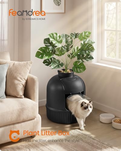 Feandrea Plant Cat Litter Box Enclosure with Artificial Plant, Enclosed Hidden Litter Box Furniture with Door, Carbon Filter, Odor Control, Pebbles, Scoop, Brush, Ink Black UPPT006B101 - color: Ink Black