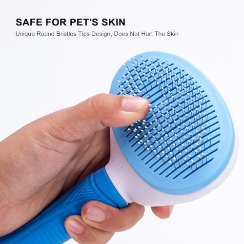 Aogeili Self Cleaning Slicker Brush, Skin Friendly Deshedding Grooming Tool for Dogs, Cats & Bunny, One-Click Release Removes Loose Undercoat, Mats & Tangles, for Long & Short Hair Shedding Pets - color: Blue