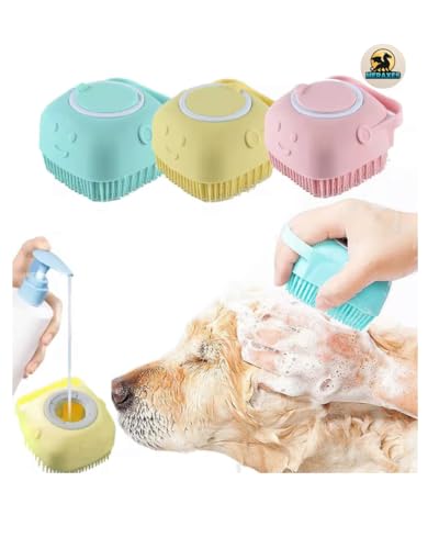MERAXES Pet Grooming Bath Brush with Soap Dispenser – Soft Silicone Massage Bristles for Dogs & Cats, Gentle Deshedding & Deep Cleaning for Long or Short Hair – Yellow