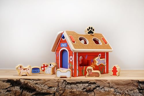 Jack Rabbit Creations Dog House Sorter - Wooden Montessori Toy - 18+ Months | 10 Puppy Pieces, 6.5 x 6.5 x 5.5 in, Red Finish, Ages 18-60, Medium Size, Skill Building Playset