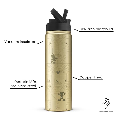 JoyJolt Disney MonoMouse Stainless Steel Water Bottle with Flip Straw Lid, 22 oz Vacuum Insulated Water Bottle, BPA-Free Tumbler ft Minnie & Mickey Mouse | Gold