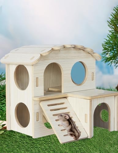 Hamster Hideout Cage Accessories - Hamster House and Habitat Wooden Hide Hut with Climbing Ladder and Platform for Dwarf Gerbils and Mouse Mice Rat Other Small Animals etc.