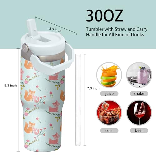 30oz Fox Tumbler with Handle and Flip Straw, Stainless Steel Insulated Cup, Travel Coffee Mug Water Bottle, Birthday Mothers Day Chritmas Gifts for Women Animal Lovers - color: Fox