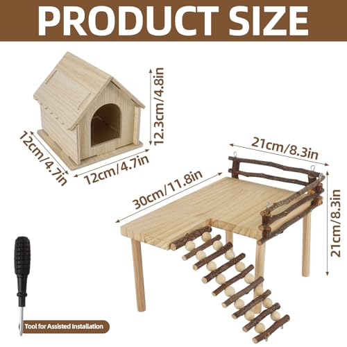 Wooden Hamster House and Platform, Hamsters Platform with Ladder, Hamster Cage Accessories, Cute Small Pets Toy for Hiding Sleeping Activities Habitat Decor