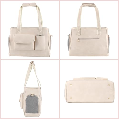 Dog Carrier Purse, Fashion Leather Pet Carrier Bag, Airline Approved Soft Sided Cat Travel Tote Bag with Pockets White - color: White