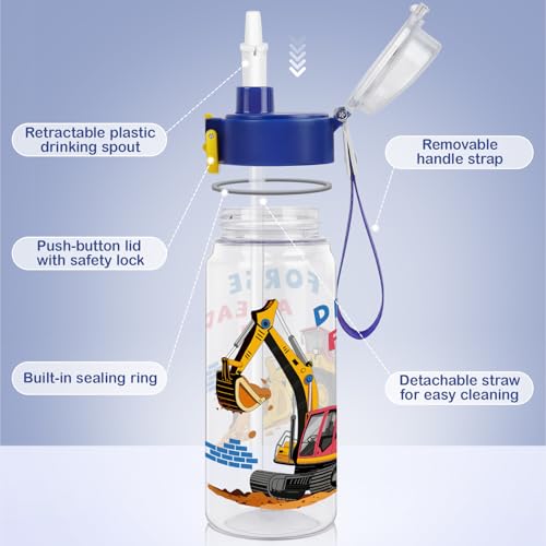 Tritan Kids Water Bottle for School, 18.6 Oz Leakproof Toddler Water Bottle | with a Pop-up Detachbale Straw, 2-in-1, Dishwasher Safe, 1-Pack, Construction Truck - color: Construction Truck