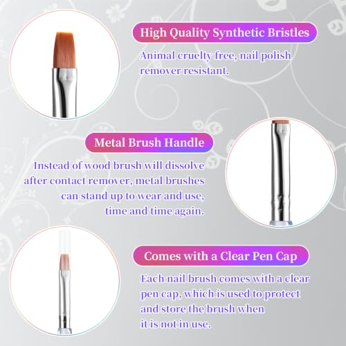 6Pcs Flat Nail Brushes Iridescent Crystal Handle Nail Art Painting Brushes | 6/7/8/9/10mm Premium Synthetic Bristles Manicure Brush for Cleaning Polish Mistakes on the Cuticles, DIY Painting - color: Clear