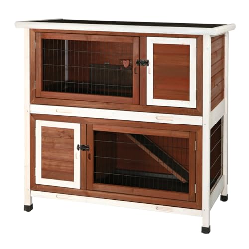 TRIXIE natura Outdoor Double Rabbit Hutch - Indoor Small Animal House, Bunny Cage with Two Sleeping & Play Areas - Includes a Non-Slip Ramp Hinged Roof & Two Pull-Out Trays - in Auburn - style: 2-Story Rabbit Hutch, Brown/White