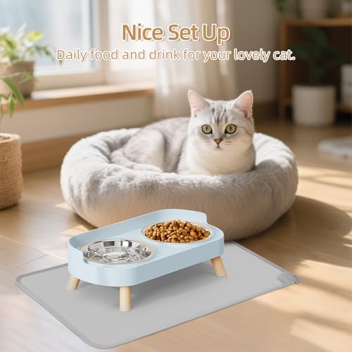 Elevated Cat Bowl with Food Mat, Raised Cat Food and Water Bowl Set for Indoor Cats, Splash Proof with 2 Stainless Steel Pet Food Bowls for Cats and Puppies,Whisker Fatigue and Dishwasher Safe (Blue) - color: Cat Bowls with mat - blue