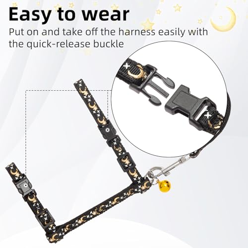 PUPTECK Adjustable Cat Harness and Leash Set Escape Proof Kitten Strap Collar for Walking Travel, Moon&Star - color: Black(Moon&Star), size: Small