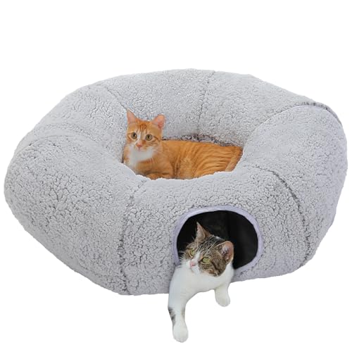 PEQULTI Cat Tunnel with Bed for Indoor Cats, Cat Play Donut Tunnel with Washable Soft Plush Mat, Round Cat Tunnel Toys Cute Cat Tube for Kittens, Puppies, Rabbits and Ferrets, Grey - color: Grey