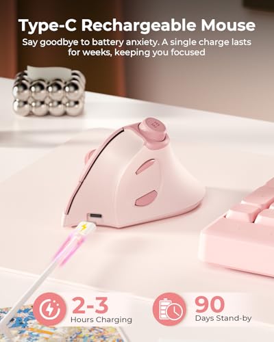 seenda MOU-302 Wireless Bluetooth Ergonomic Vertical Mouse with Volume Knob | Rechargeable 3-device mice for small/medium hands with quiet clicks, 1000/1600/2400 DPI for PC, laptop, MacBook, Pink - color: Pink