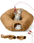 Linen Cat Tunnels with Central Cat Bed, Interactive Cat Toys Detachable Washable Soft Mat Large Indoor Play Tunnel Cave for Kittens and Small Animals - color: Linen Brown