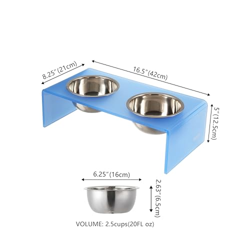 DBL2000C Keaton 5" Small/Medium Modern Acrylic Rectangular Elevated Pet Feeder with 20oz 2-Stainless Steel Bowls, Blue/Chrome - color: Blue/Chrome, size: 20 Ounces (5" Cups 2-Pack)