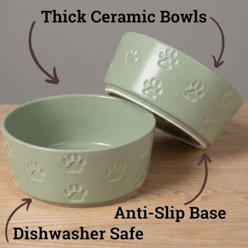 Ceramic Dog Bowl Set of 2 w/ Anti-Skid Base 6.5"W x 2.5"H, 3.8 Cup Capacity | Thick Ceramic, Dishwasher Safe, Anti-Skid Rubber Base, 3.8 Cups per Bowl, Ceramic Food & Water Bowls Set of 2 for Medium Dogs - color: Sage Green, size: Medium