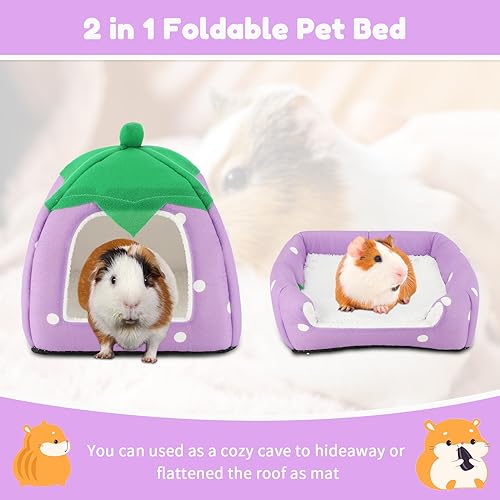 BWOGUE Guinea Pig Bed Hideout, Washable Hamster Cave for Small Animals | Removable Cushion for Cleaning, Warm Fleece Nest, Washable Bed, 10 x 9.8 x 9 in, Dwarf Rabbits Hedgehogs - color: Strawberry Purple