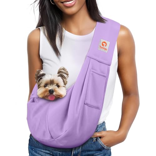 Tomkas Small Dog Cat Sling Carrier Puppy Purse Travel Wrap Soft Crossbody Pet Bag (Light purplr, M - Classic Pocket & Classic Strap) - color: Light purplr