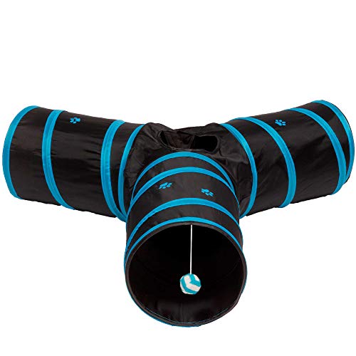 Cat Tunnel - Collapsible 3 Way Play Toy - Tube Fun for Rabbits, Kittens, and Dogs - Black/Aqua - color: Black/Aqua
