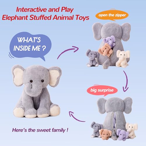 Elephant Stuffed Animals Mommy with 4 Baby Elephants Toys Gifts for Girls | Cute Stuffed Plush Toys Set for Toddlers Kids Ages 0-8+, Christmas Birthday Baby Shower Party Decor Storytime Companion Gifts - style: Elephant