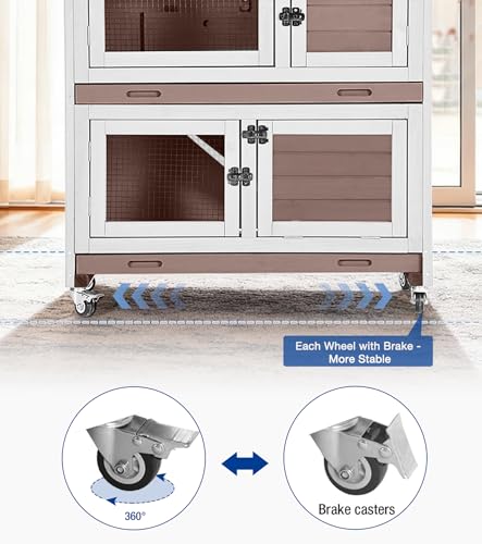 2-Story Rabbit Hutch Indoor Outdoor with Wheels Bunny Cage with Slip-Proof Ramp Guinea Pigs Cage with Waterproof Roof & Easy-Clean Tray Multi-Access Doors 36" L Brown - color: 36"L Milk Coffee