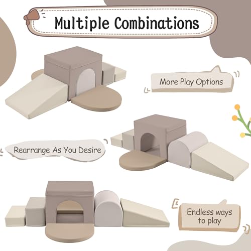 Merax Indoor Soft Foam Tunnel Climber, Toddler Climbing Toys with Tunnel | Soft Climb and Crawl Playset Baby Soft Foam Blocks with Steps and Ramp, 7-piece - color: Cappuccino