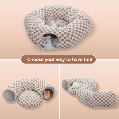 PEQULTI Brown Donut Cat Tunnel Bed Washable Plush Mat Multi for Small Pets | Round play tube with soft detachable plush mat, multi-pet toy fit indoor cats, kittens, puppies, rabbits and ferrets - color: Brown