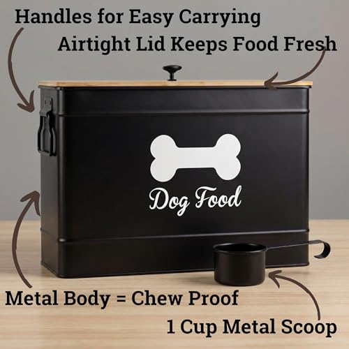 Metal Dog Food Container 15-20 lbs w/ Airtight Bamboo Lid, 70 Cup Capacity | Pet Jar For Dogs up to 100lbs, Airtight Bamboo Lid, Sturdy Comfortable Metal Handle, Powder Coated Iron, Kibble Storage Bin - color: Black