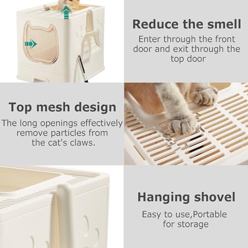 Cat Litter Box with Lid, Covered Top Entry Kitten Litter Pan for Small and Medium Cats, Anti-Splashing Kitty Potty with Slide-Out Litter Tray - color: White