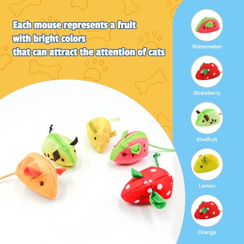 Andiker 5 Pcs Cat Mouse Toys, Soft Cat Plush Toy with Fruit Pattern Interactive Cat Toys for Indoor Cats and Kittens to Bite Chew Scratch