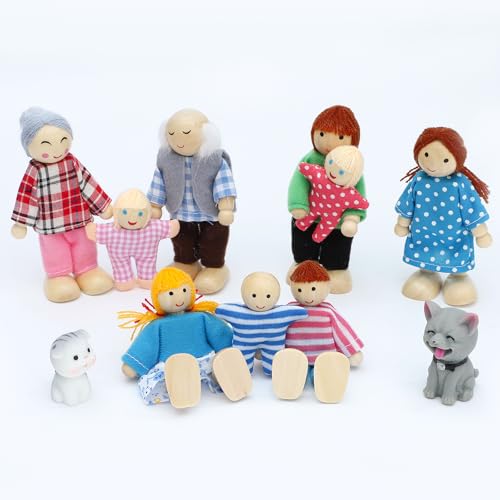 ONEST 11 Pieces Wooden Dollhouse Family Set Mini People Figures Sets Dollhouse Dolls Wooden Doll Family Pretend Play Figures Accessories for Pretend Dollhouses - style: Vivid Style