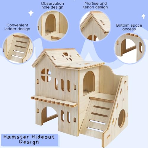 Hamster Hideout with Wooden House, Fun Slide, Double-Decker Hut & Maze - for Dwarf Hamsters, Gerbils, Mice, Small Animals
