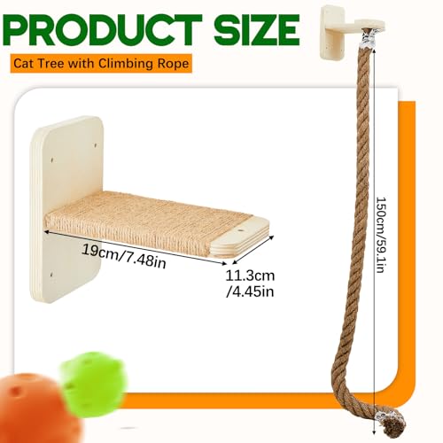 Weysat 2" x 4.92 ft Cat Climbing Rope with 2 Jumping Platform Wall Mounted Thick Jute Cat Scratching Post Furniture Wall Climbing System for Kittens & Large Cats(Wood,Regular) - color: Wood, style: Classic
