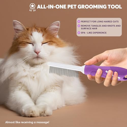 Detangling Pet Comb for Dogs & Cats with Long & Short Stainless Steel Metal Teeth for Removes Tangles and Knots - Detangler Grooming Tool for Dematting Matted Fur.