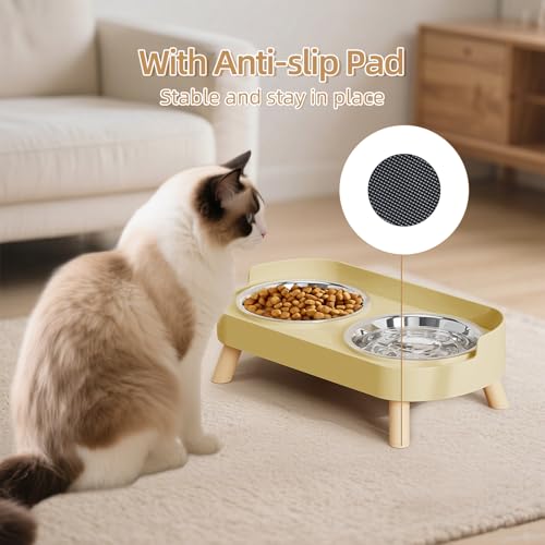 Elevated Cat Bowl, Raised Cat Food and Water Bowl Set for Indoor Cats, Splash Proof with 2 Stainless Steel Pet Food Bowls for Cats and Puppies, Whisker Fatigue and Dishwasher Safe - Yellow - color: Cat Bowls-Yellow