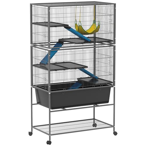 PawHut 59" 5-Level Small Animal Cage, Rolling Ferret Chinchilla Cage with Slide Out 6.3" Deep Tray, Non-Slip Cloth Covered Ramps, Hammock, for Rabbits, Pet Mink, Squirrel, Dark Gray | Ferret Chinchilla Cage, Slide Out 6.3" Deep Tray, Non-Slip Cloth Covere