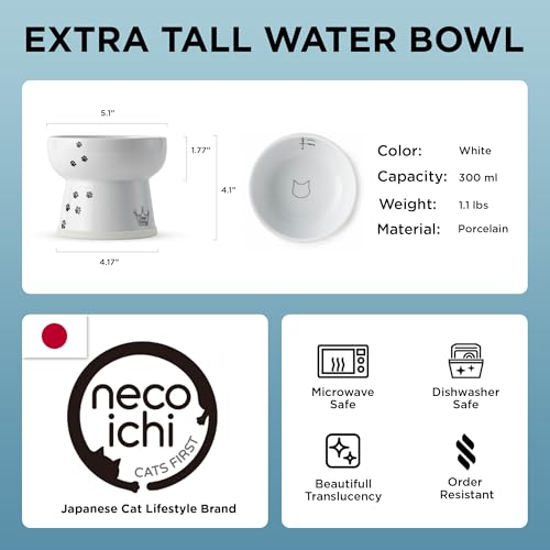 NECOICHI Raised Cat Water Bowl, Elevated, with Measurement Lines, Dishwasher and Microwave Safe (Cat, Extra Tall) White - color: Cat, size: Extra Tall